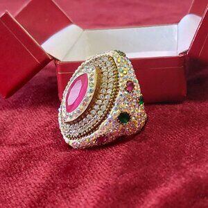 Yellow Bronze Women's Ring with Ruby Gemstone and Crystal Accents (0072)